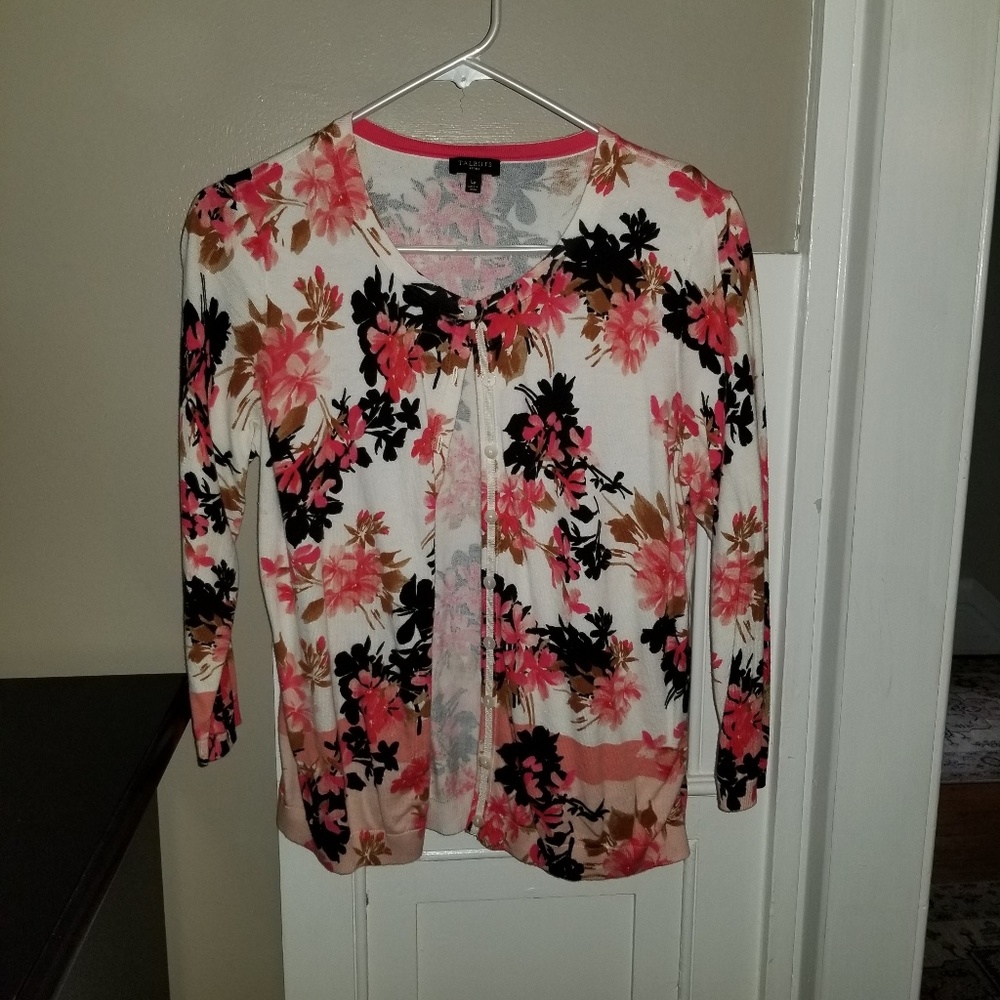 Talbots pink and black floral cardigan